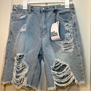 NWT Almost Famous Light Wash Denim Distressed Super High Rise Bermuda Shorts S 9